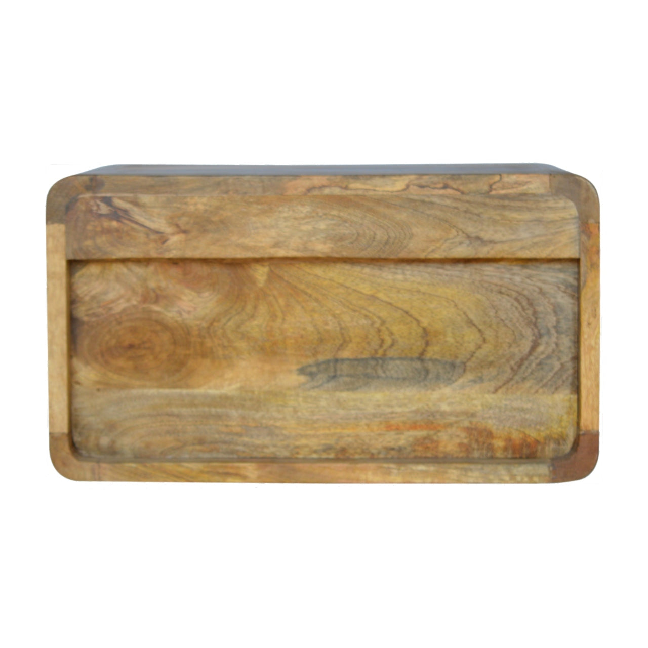 Back view of Floating Curve Open Slot Bedside in solid mango wood with oak-ish finish