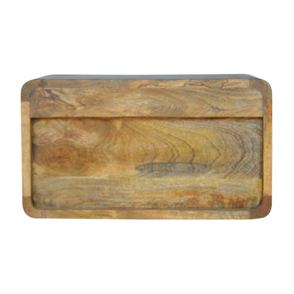 Back view of Floating Curve Open Slot Bedside in solid mango wood with oak-ish finish