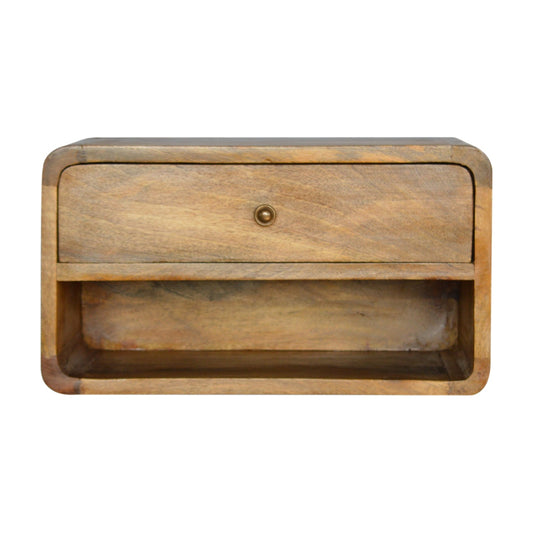 Front view of Floating Curve Open Slot Bedside showing drawer with shiny knob and open shelf