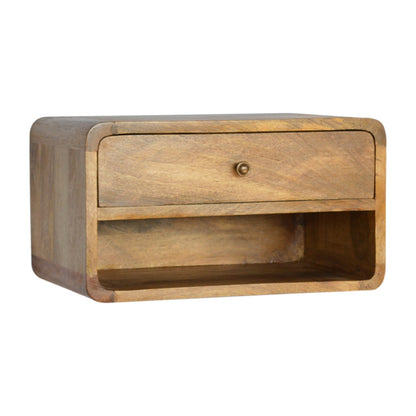 Left side view of Floating Curve Open Slot Bedside in solid mango wood with oak-ish finish