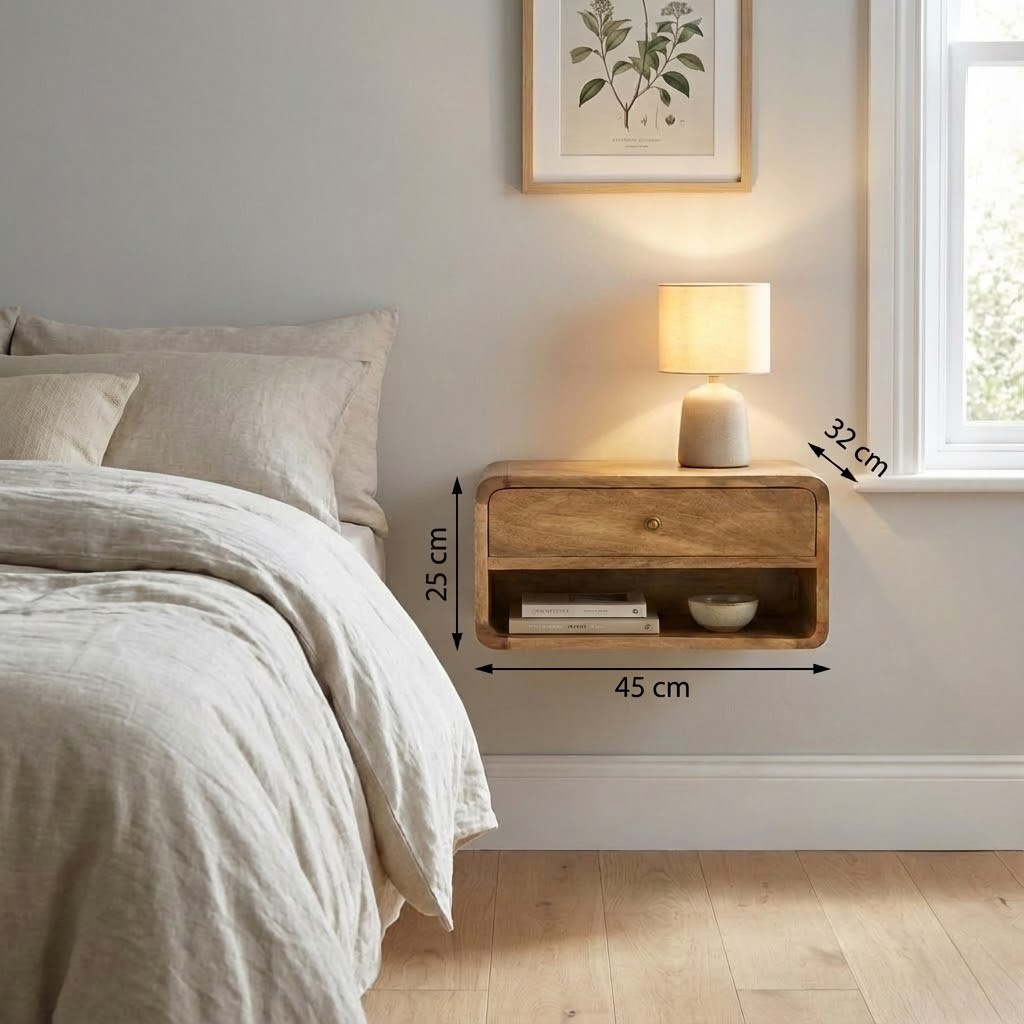 Floating Curve Open Slot Bedside with dimensions: 25 cm height, 45 cm width, 32 cm depth