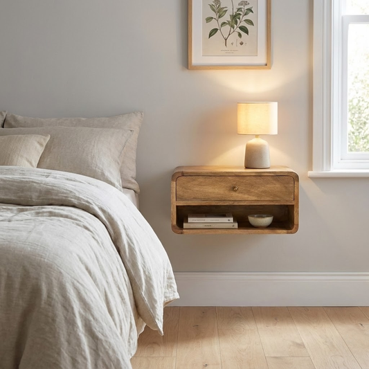 Floating Curve Open Slot Bedside styled in a bedroom wall-mounted setting