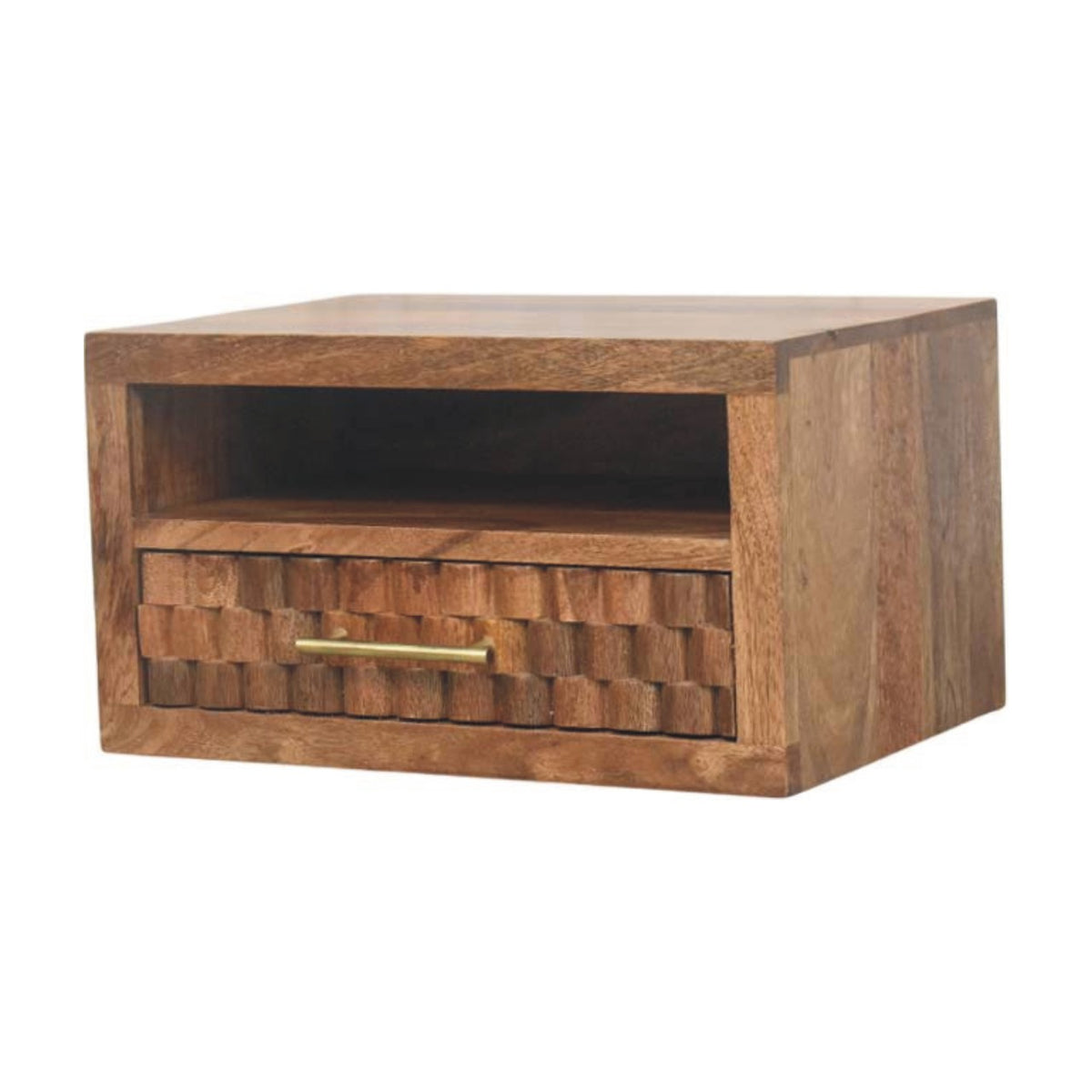 Angled left perspective of a solid mango wood floating bedside table in golden teak.
