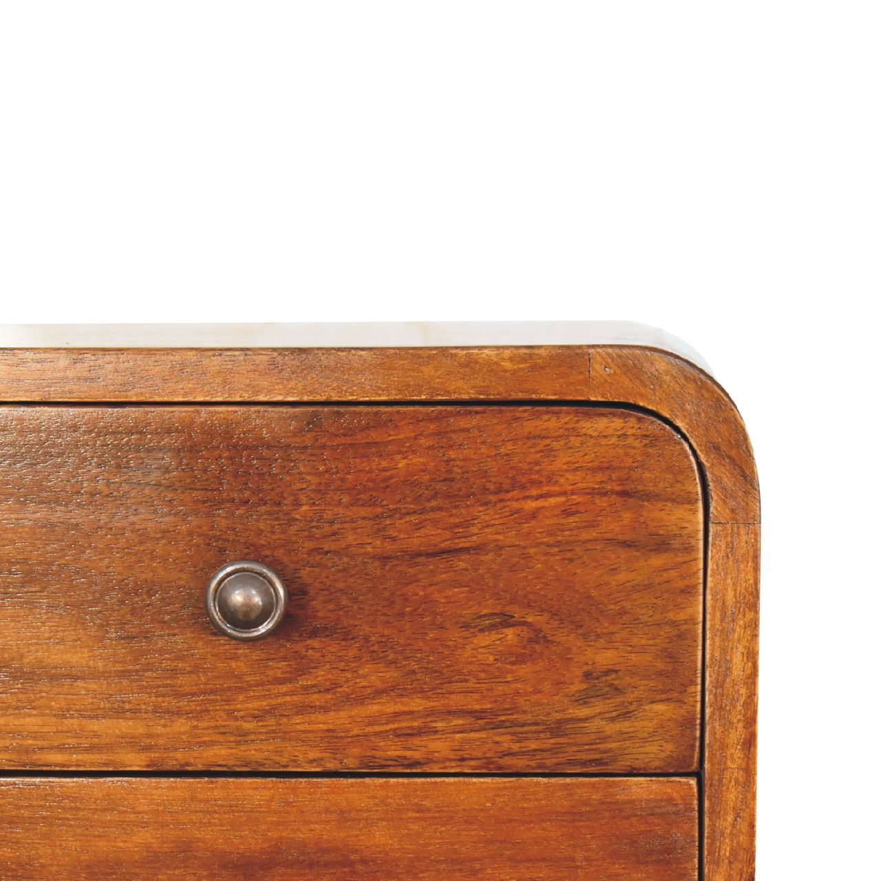 Close front right angle of Floating Mini Chestnut Bedside showing drawer knobs and chestnut finish