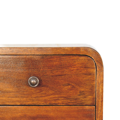 Close front right angle of Floating Mini Chestnut Bedside showing drawer knobs and chestnut finish