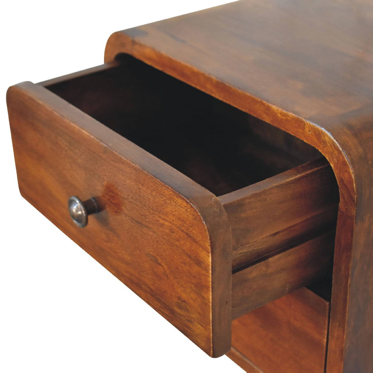 Upper right angle view of Floating Mini Chestnut Bedside with drawer open showing interior storage