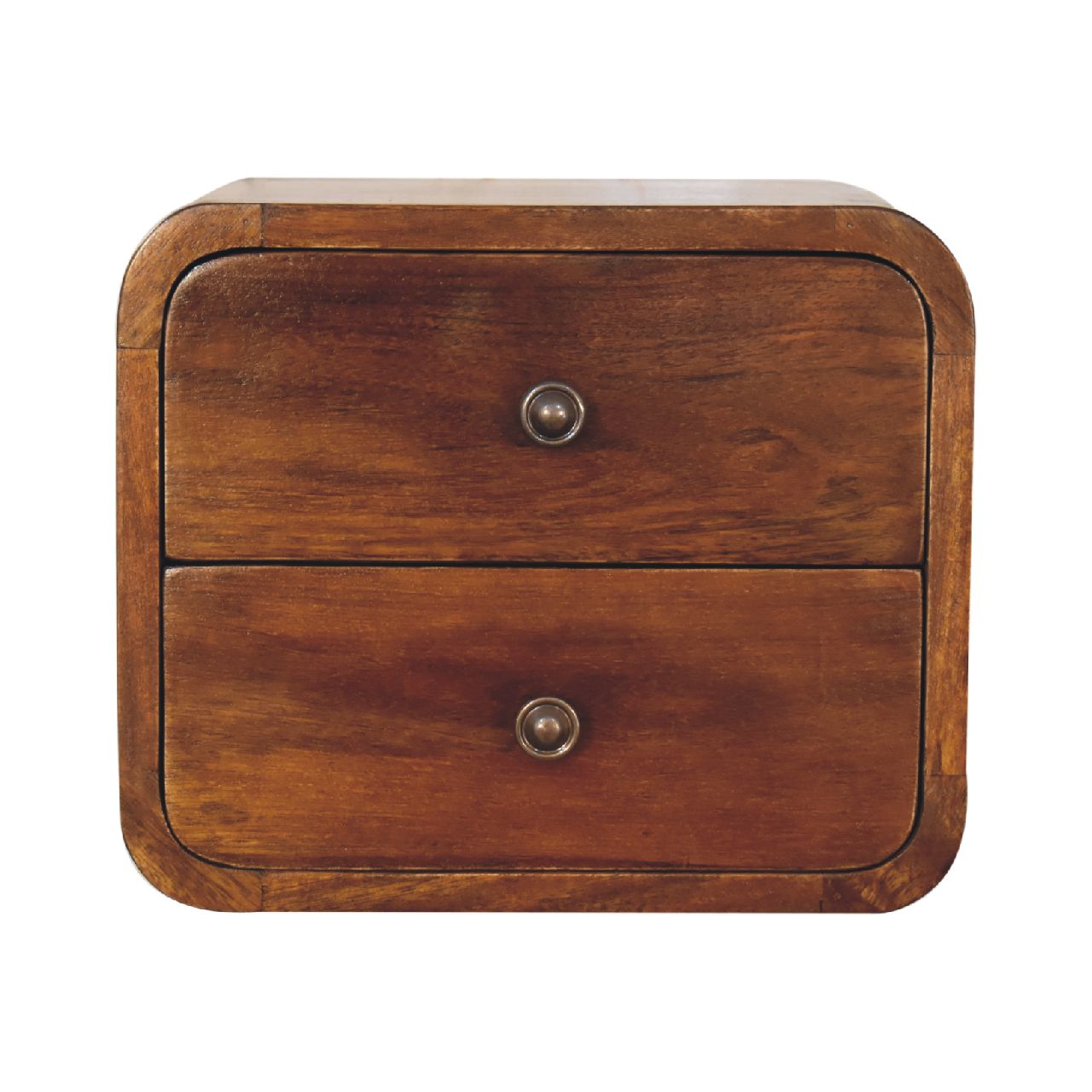 Front view of Floating Mini Chestnut Bedside in solid mango wood with shiny knobs