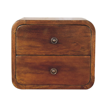 Front view of Floating Mini Chestnut Bedside in solid mango wood with shiny knobs