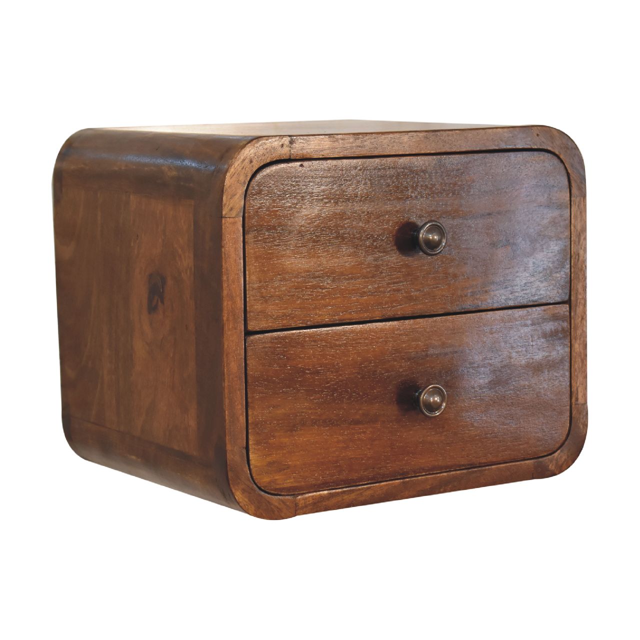 Left side view of Floating Mini Chestnut Bedside in solid mango wood with chestnut finish