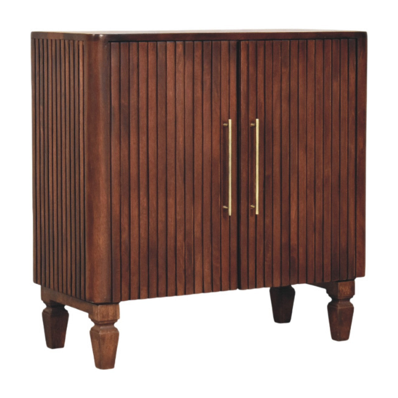 Wooden cabinet with gold handles on a white background