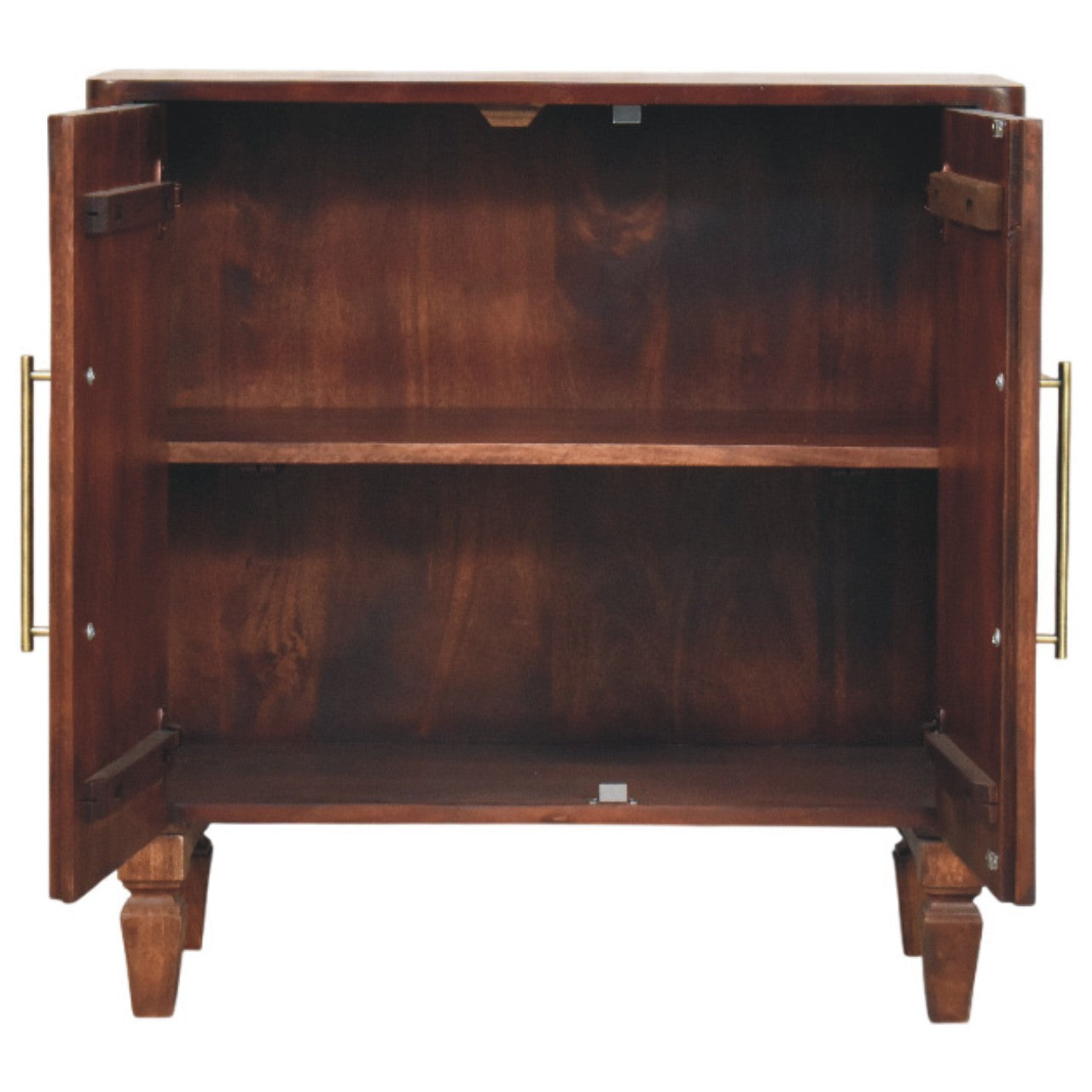 Wooden cabinet with open doors on a white background