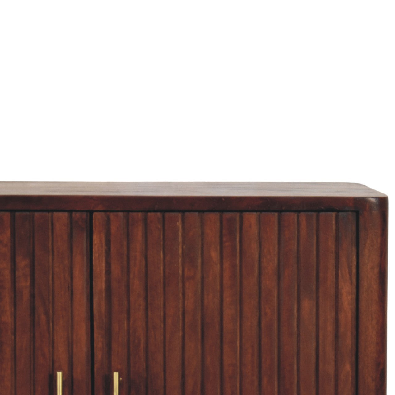 Wooden sideboard with vertical slats and gold handles on a white background