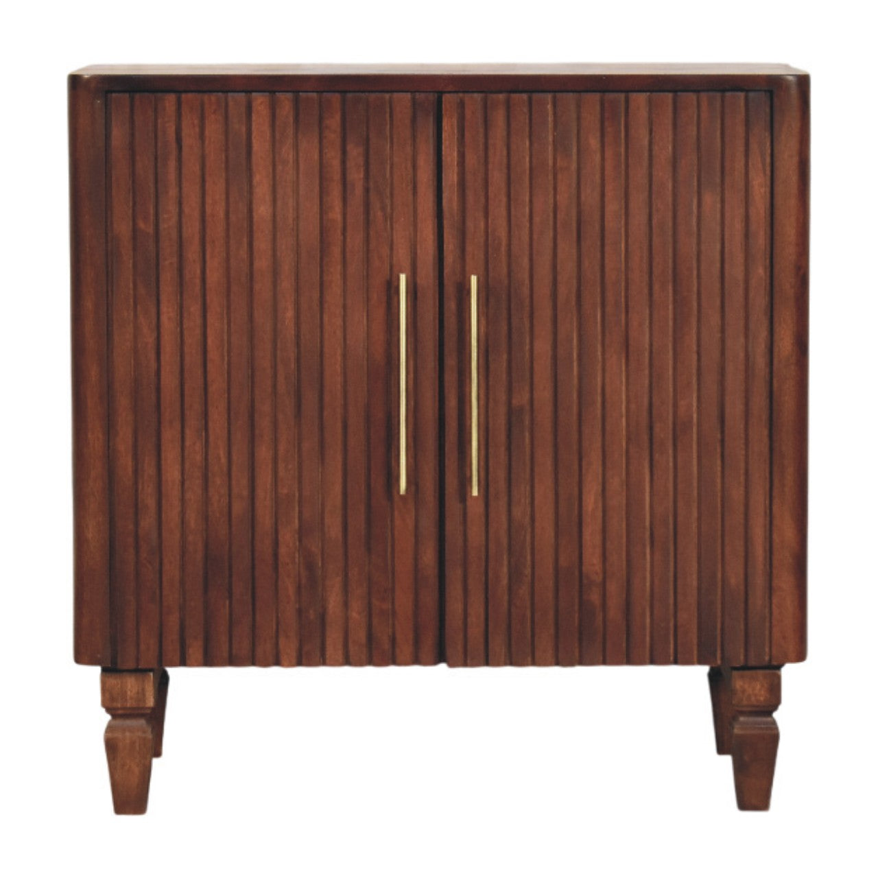Wooden cabinet with two doors and gold handles on a white background