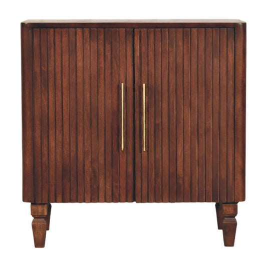 Wooden cabinet with two doors and gold handles on a white background