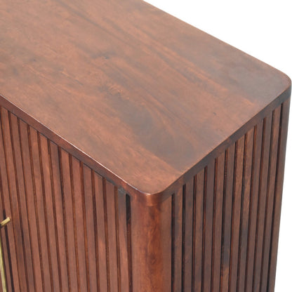 Wooden cabinet with slatted design on a white background