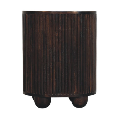 Back view of a velvet mocha fluted bedside table, showing the vertical ribbed texture continuing entirely around the rear of the piece.