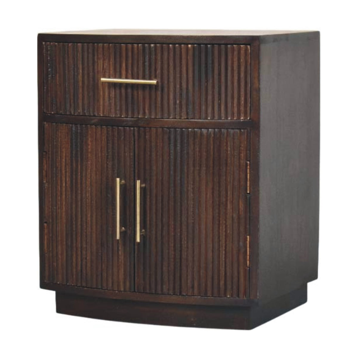 Angled right view of a solid mango wood fluted nightstand in a dark velvet mocha finish with brass bar handles.
