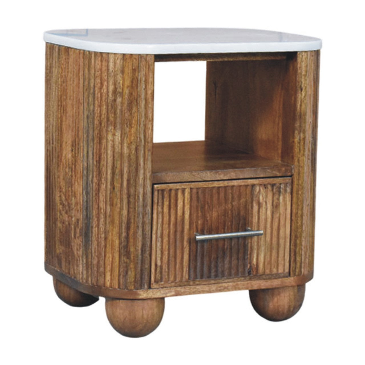Fluted marble-top bedside table in solid mango wood, Golden Teak finish – left angle view with shelf visibl