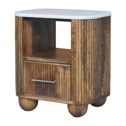 Fluted marble-top bedside table in solid mango wood, Golden Teak finish – right angle view with shelf visible