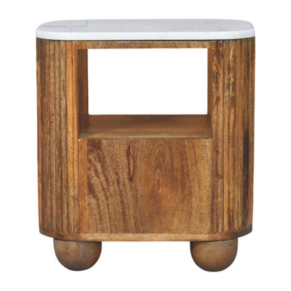 Fluted marble-top bedside table in solid mango wood, Golden Teak finish – back view with shelf visible