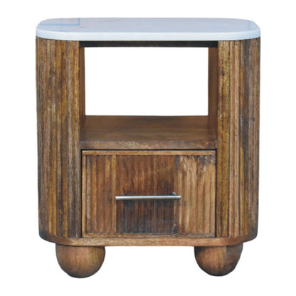 Fluted marble-top bedside table in solid mango wood, Golden Teak finish – front view showing drawer and shelf