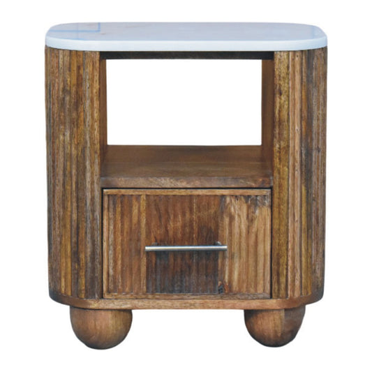 Fluted marble-top bedside table in solid mango wood, Golden Teak finish – front view showing drawer and shelf