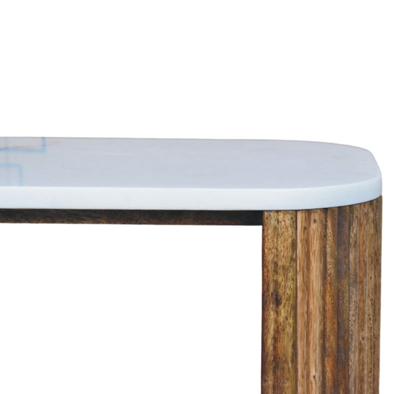 Fluted marble-top bedside table in solid mango wood, Golden Teak finish – front right close-up showing shelf