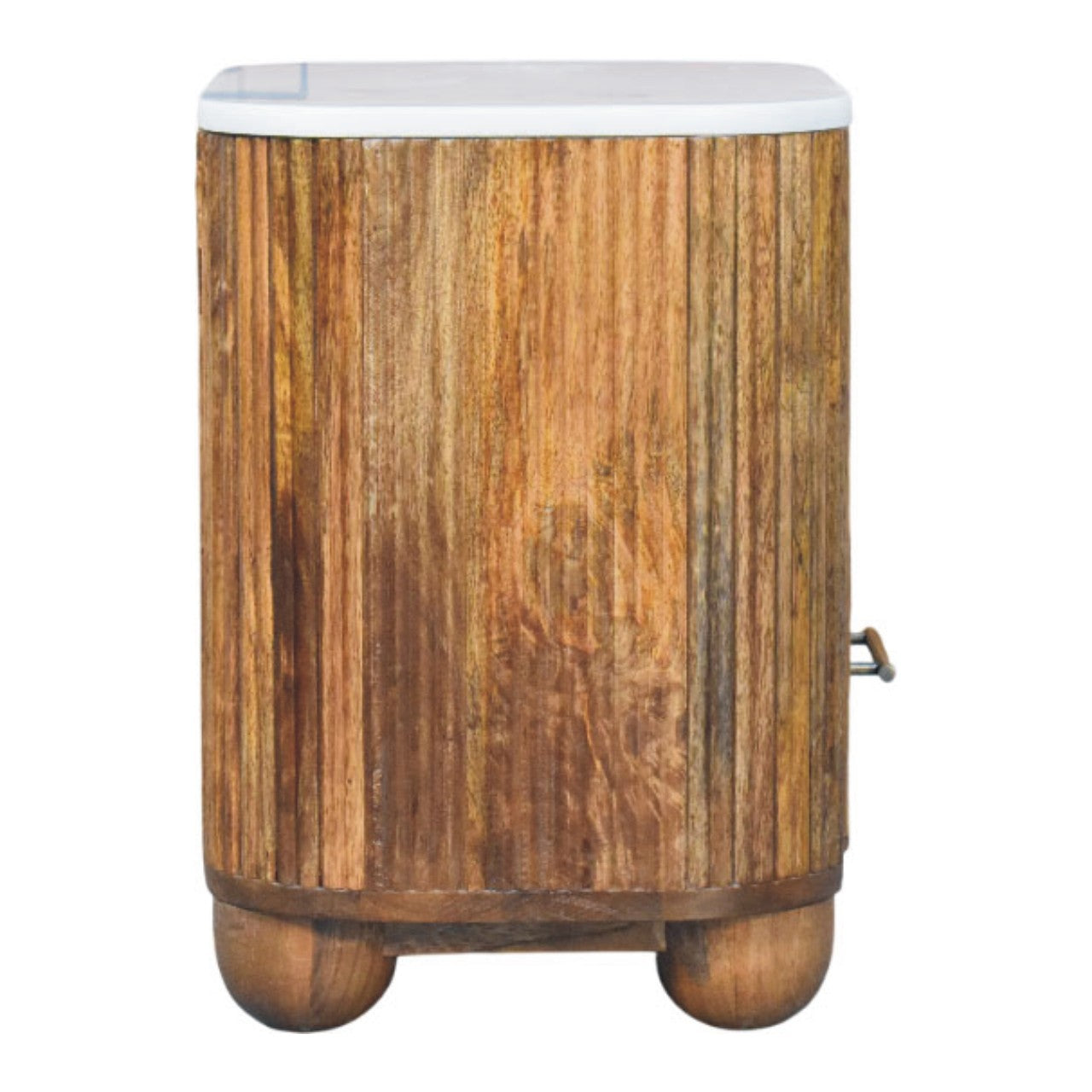 Fluted marble-top bedside table in solid mango wood, Golden Teak finish – side view