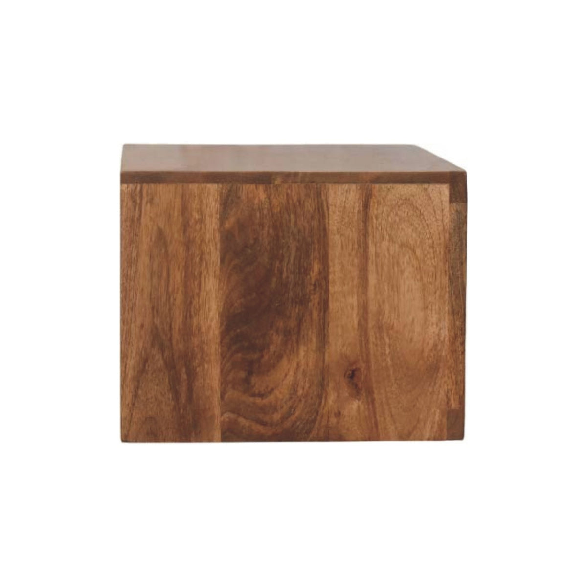 Straight-on side profile view of a solid mango wood wall-mounted bedside table in golden teak, displaying a flat, smooth side panel.
