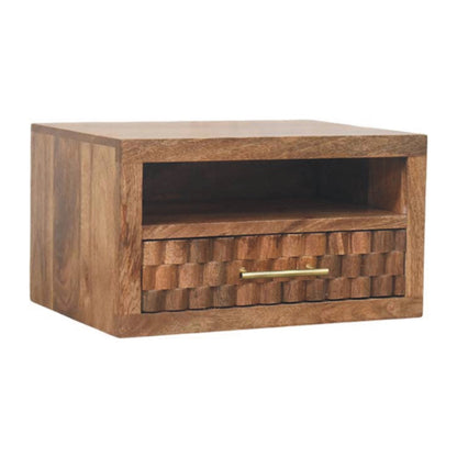 Angled right view of a golden teak finish wall-mounted nightstand showing the open cubby and textured drawer front.