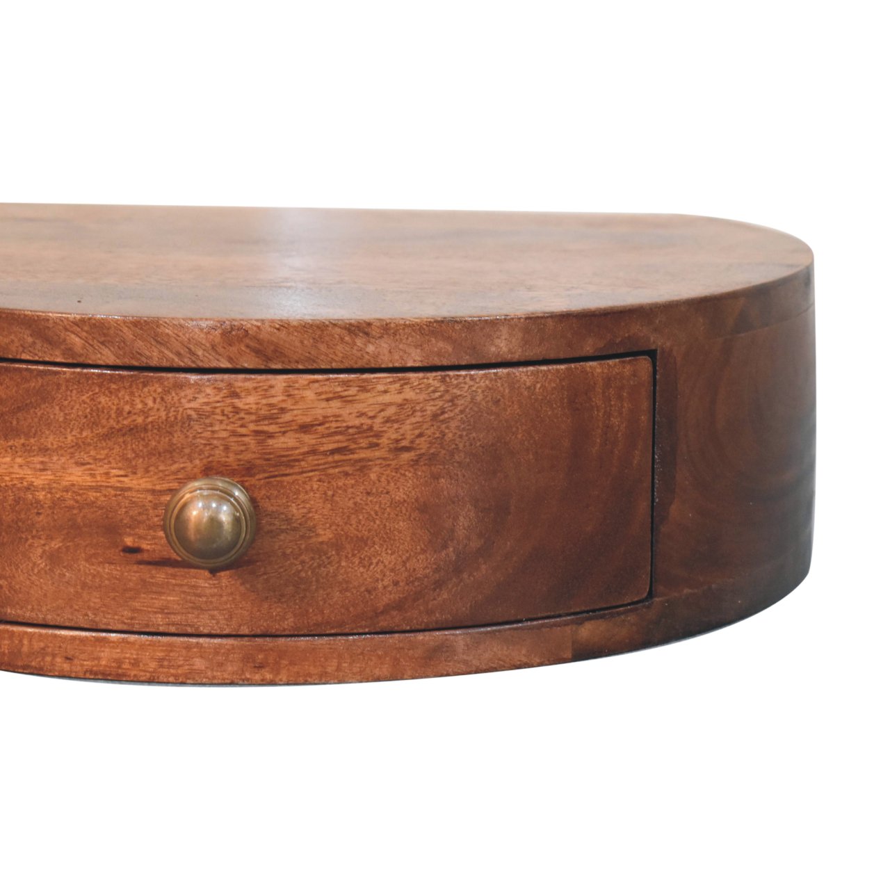 Close front right angle of Honey Caramel Wall Mounted Rounded Bedside showing rounded edges and honey caramel finish detail