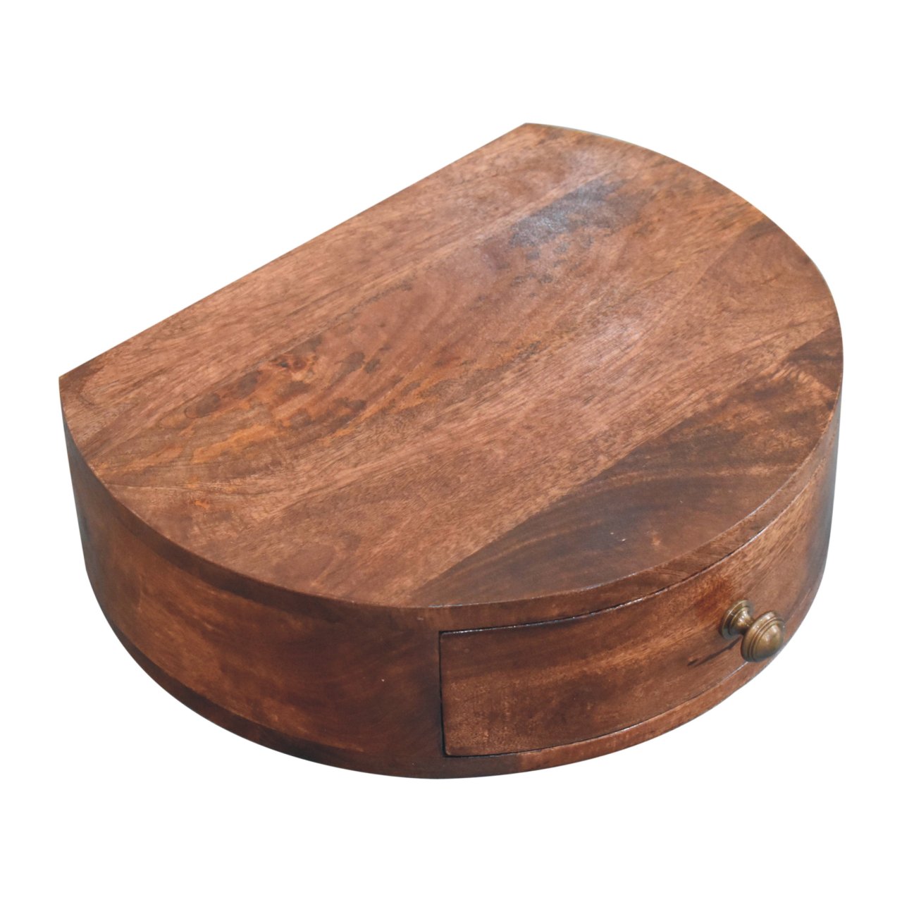 Top left angle view of Honey Caramel Wall Mounted Rounded Bedside showing surface and honey caramel finish