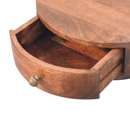 Close top right angle of Honey Caramel Wall Mounted Rounded Bedside with drawer open showing interior storage