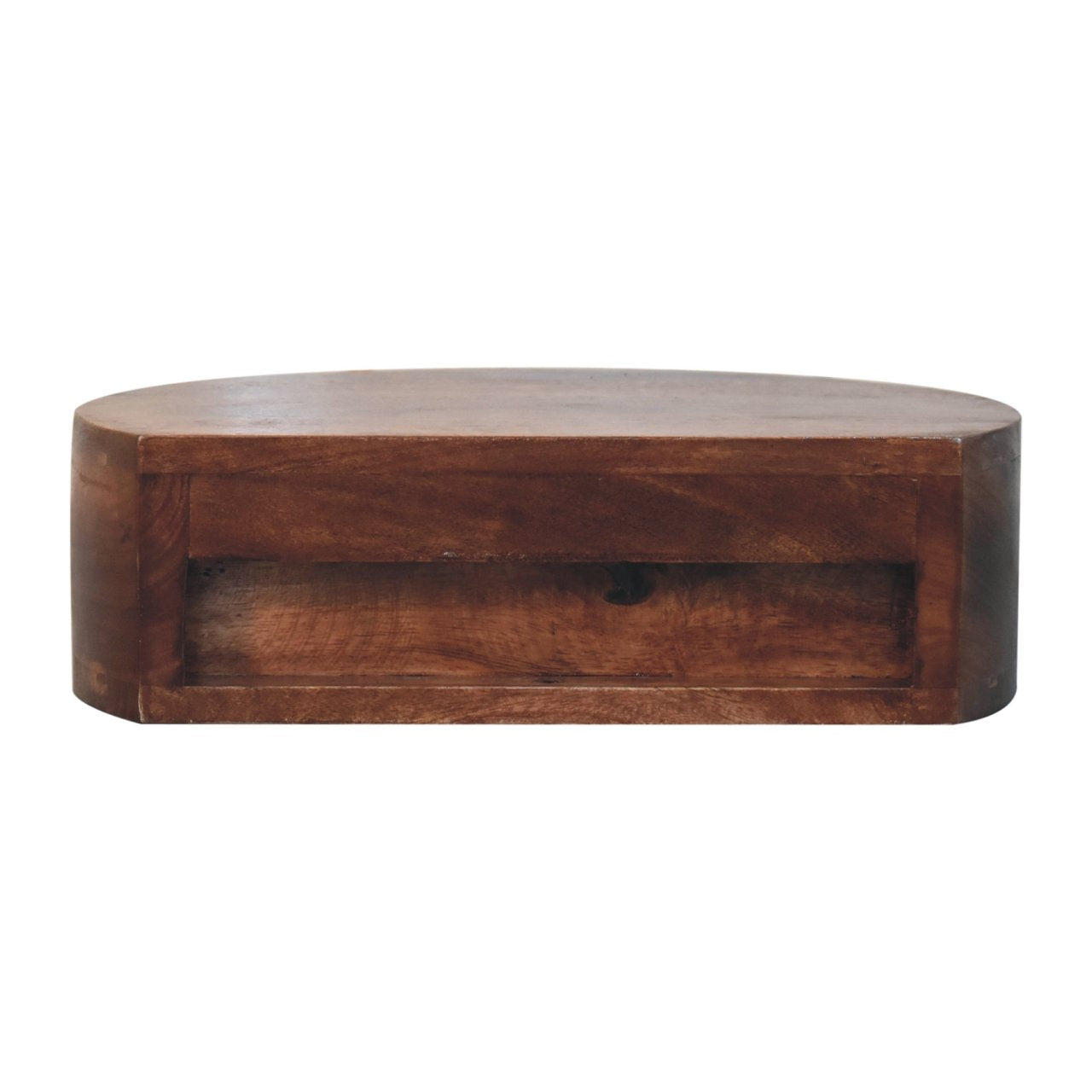 Back view of Honey Caramel Wall Mounted Rounded Bedside in solid mango wood with honey caramel finish