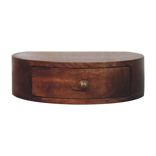 Front view of Honey Caramel Wall Mounted Rounded Bedside showing drawer and unique rounded design