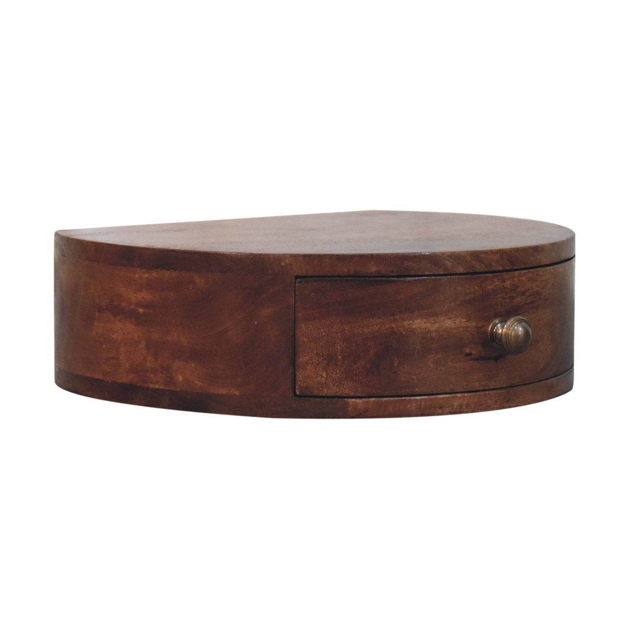 Left side view of Honey Caramel Wall Mounted Rounded Bedside in solid mango wood with honey caramel finish