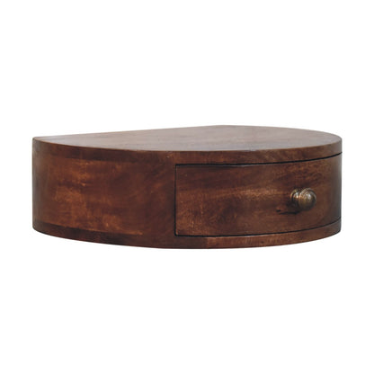 Left side view of Honey Caramel Wall Mounted Rounded Bedside in solid mango wood with honey caramel finish