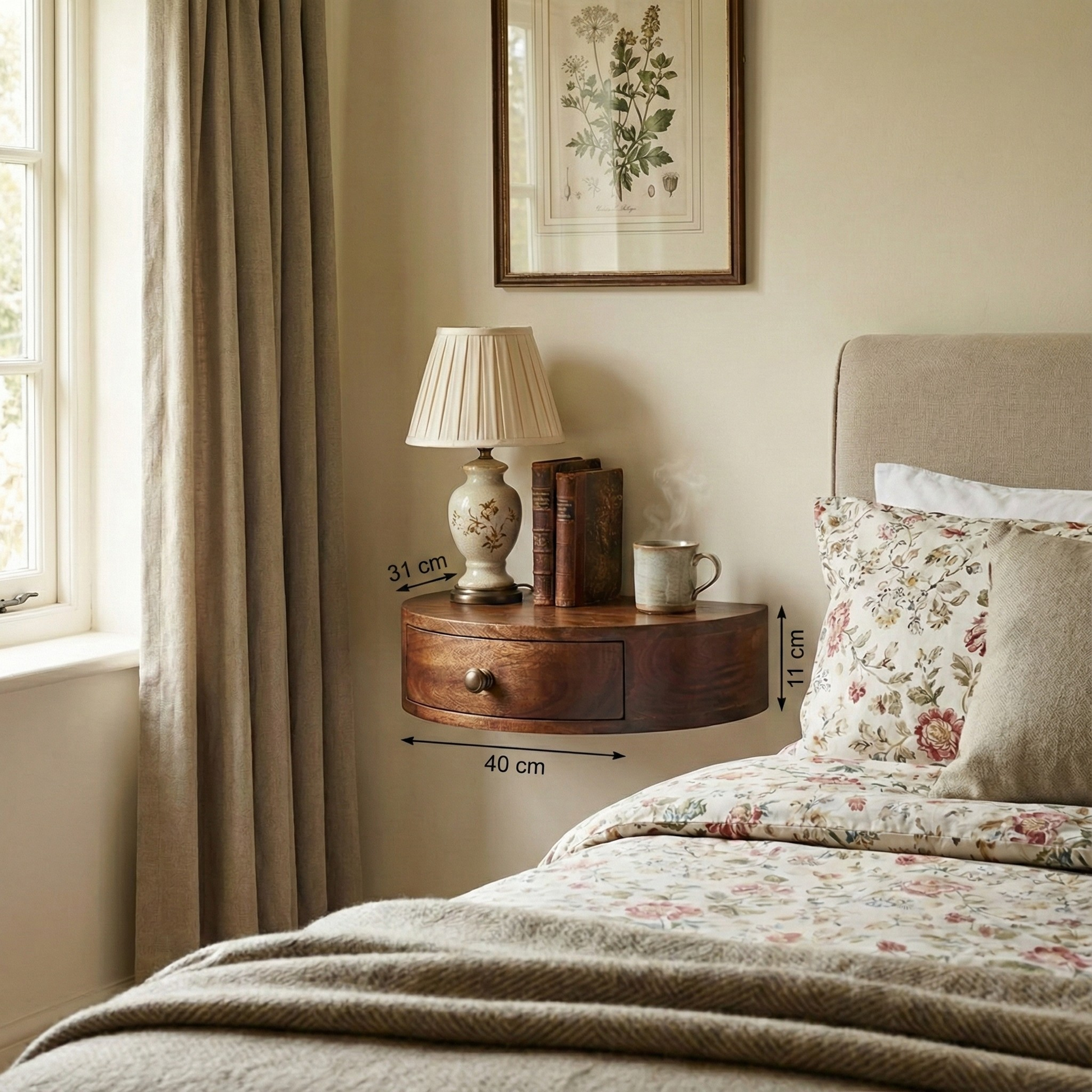 Honey Caramel Wall Mounted Rounded Bedside with dimensions: 11 cm height, 40 cm width, 31 cm depth