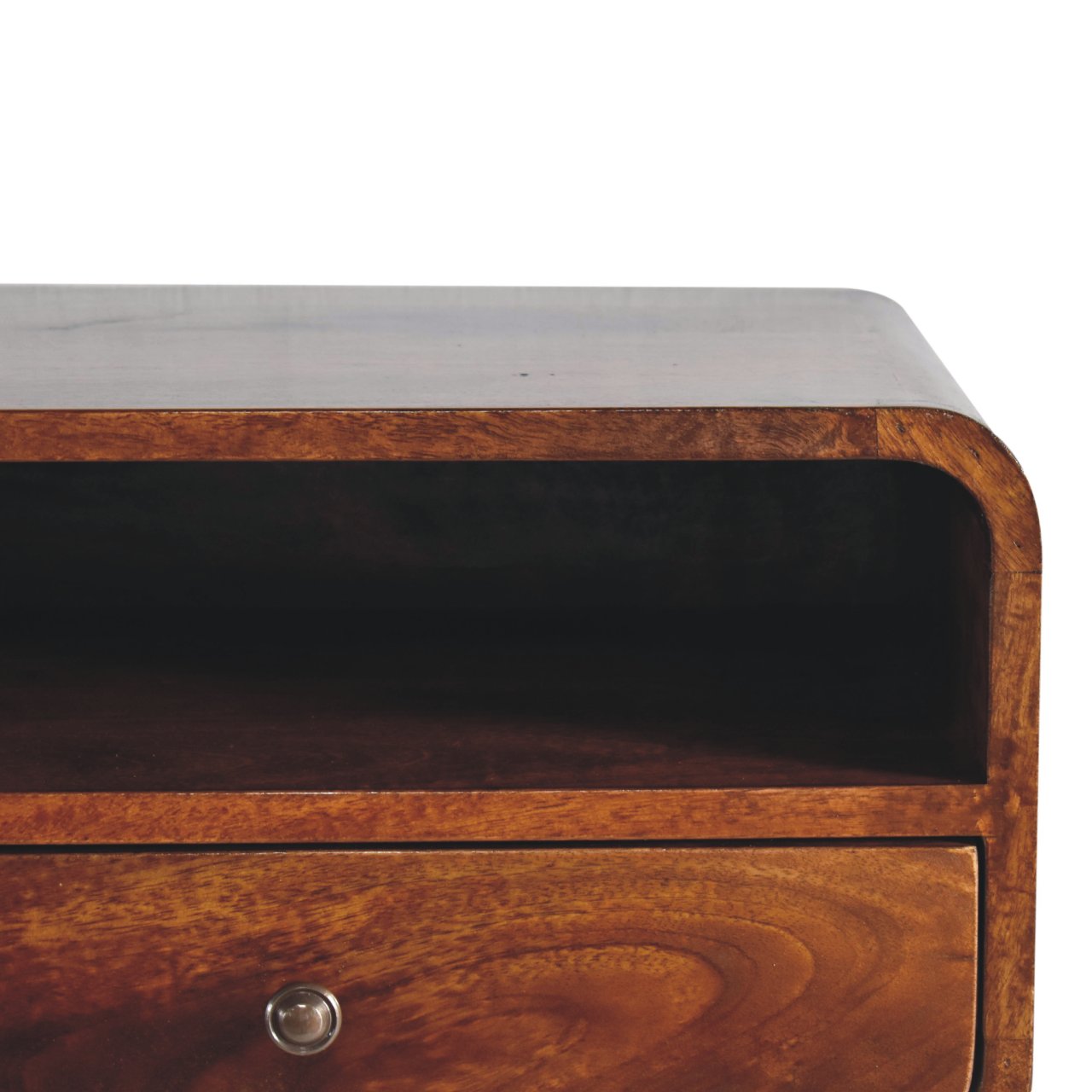 Close front right angle of Large Chestnut Curve Floating Bedside showing shiny knob and chestnut finish detail