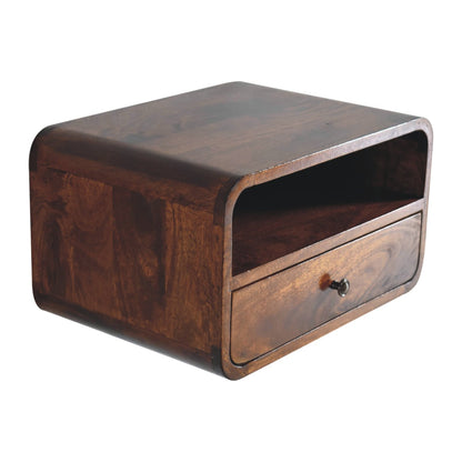 Upper left angle view of Large Chestnut Curve Floating Bedside showing top surface and open shelf