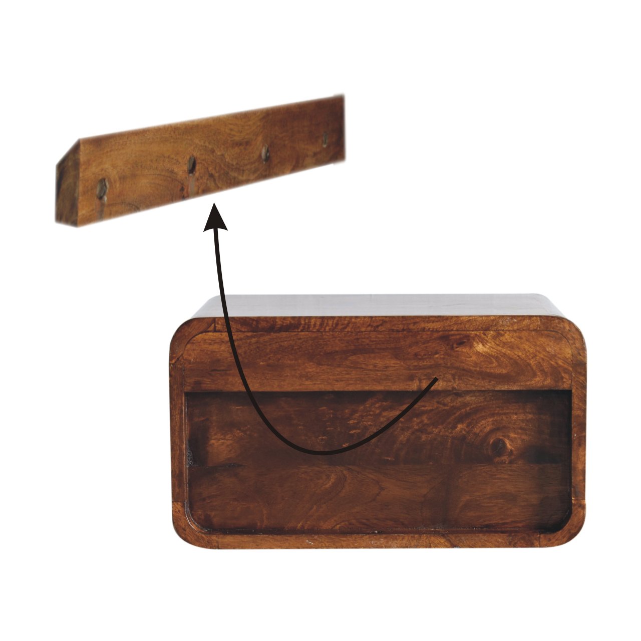 Back of Large Chestnut Curve Floating Bedside showing wall mounting instructions and fixings