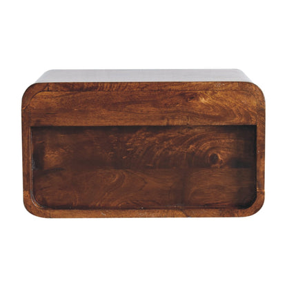 Back view of Large Chestnut Curve Floating Bedside in solid mango wood with chestnut finish