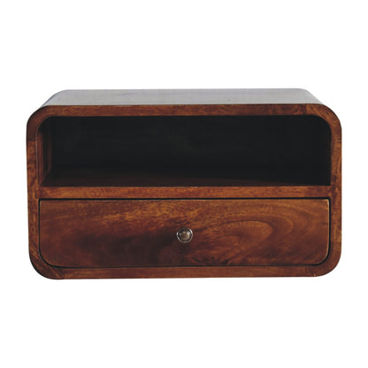 Front view of Large Chestnut Curve Floating Bedside showing drawer with shiny knob and open shelf