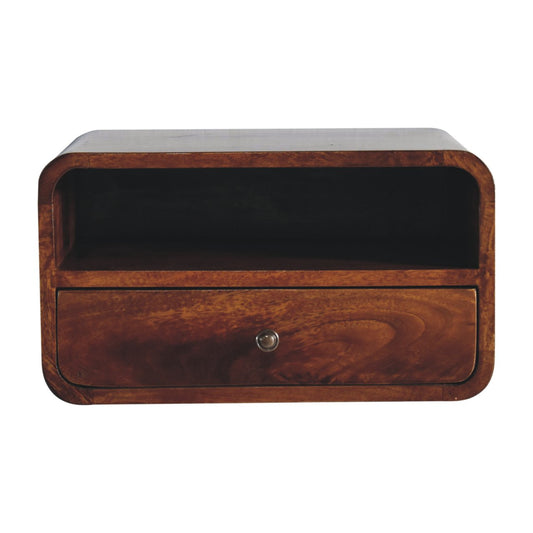 Front view of Large Chestnut Curve Floating Bedside showing drawer with shiny knob and open shelf