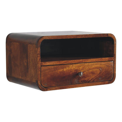Left side view of Large Chestnut Curve Floating Bedside in solid mango wood with chestnut finish