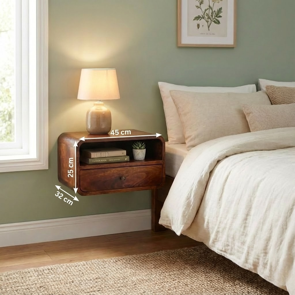Large Chestnut Curve Upper Slot Floating Bedside with dimensions: 25 cm height, 45 cm width, 32 cm depth