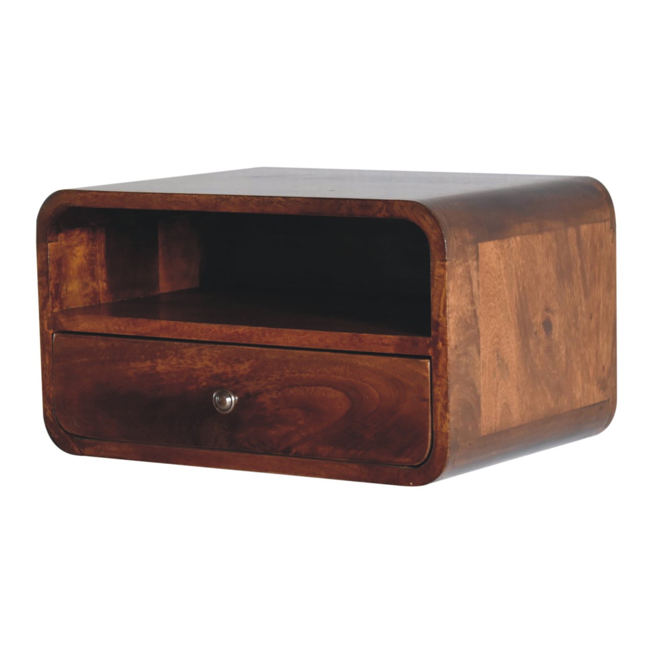 Right side view of Large Chestnut Curve Floating Bedside showing depth and wall-mounted profile