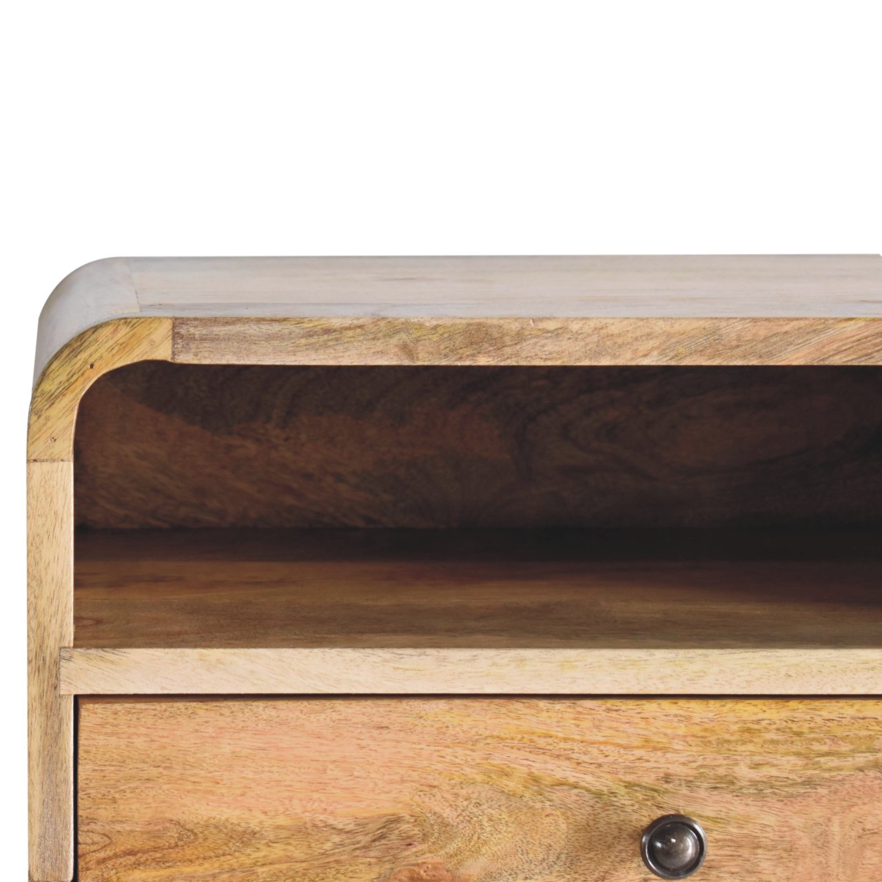 Close front left angle of Large Oak Curve Floating Bedside showing curved edges and oak finish detail