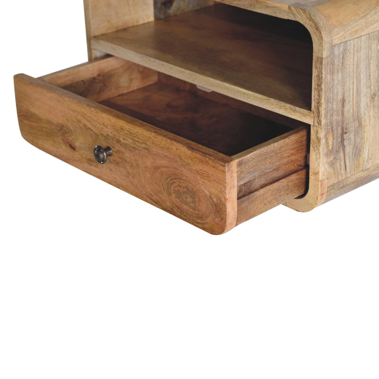 Front right angle of Large Oak Curve Floating Bedside with drawer open showing interior storage and open shelf
