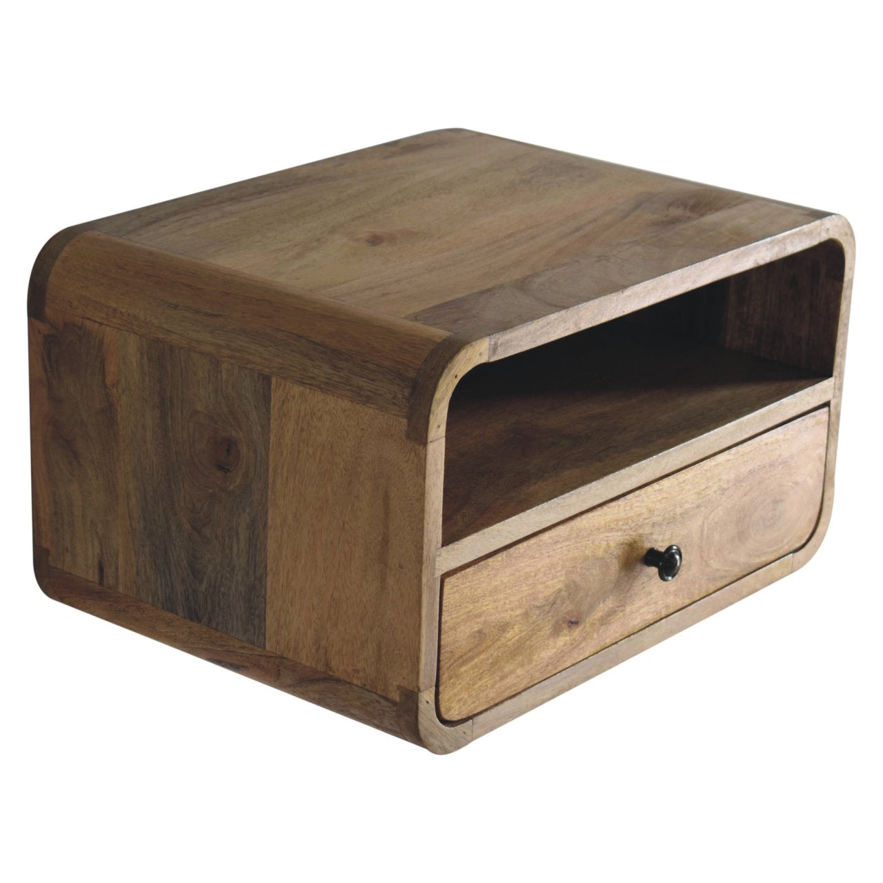 Upper left angle view of Large Oak Curve Floating Bedside showing top surface and open shelf